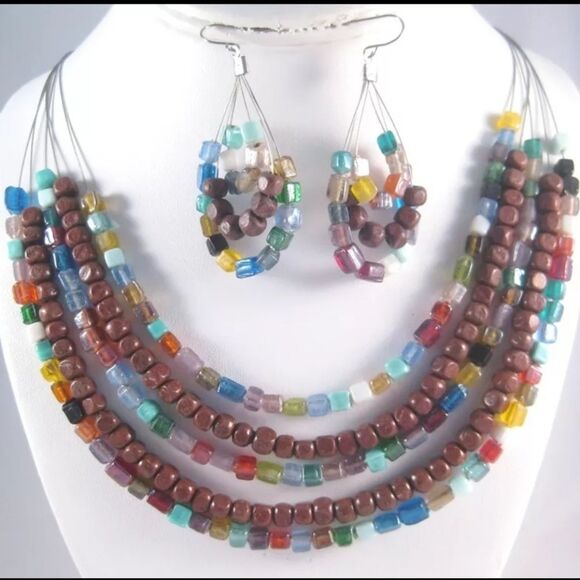 New 5 Row Piano Wire Necklace Earring Set With Wood & Glass Beads NWOT - Picture 2 of 4